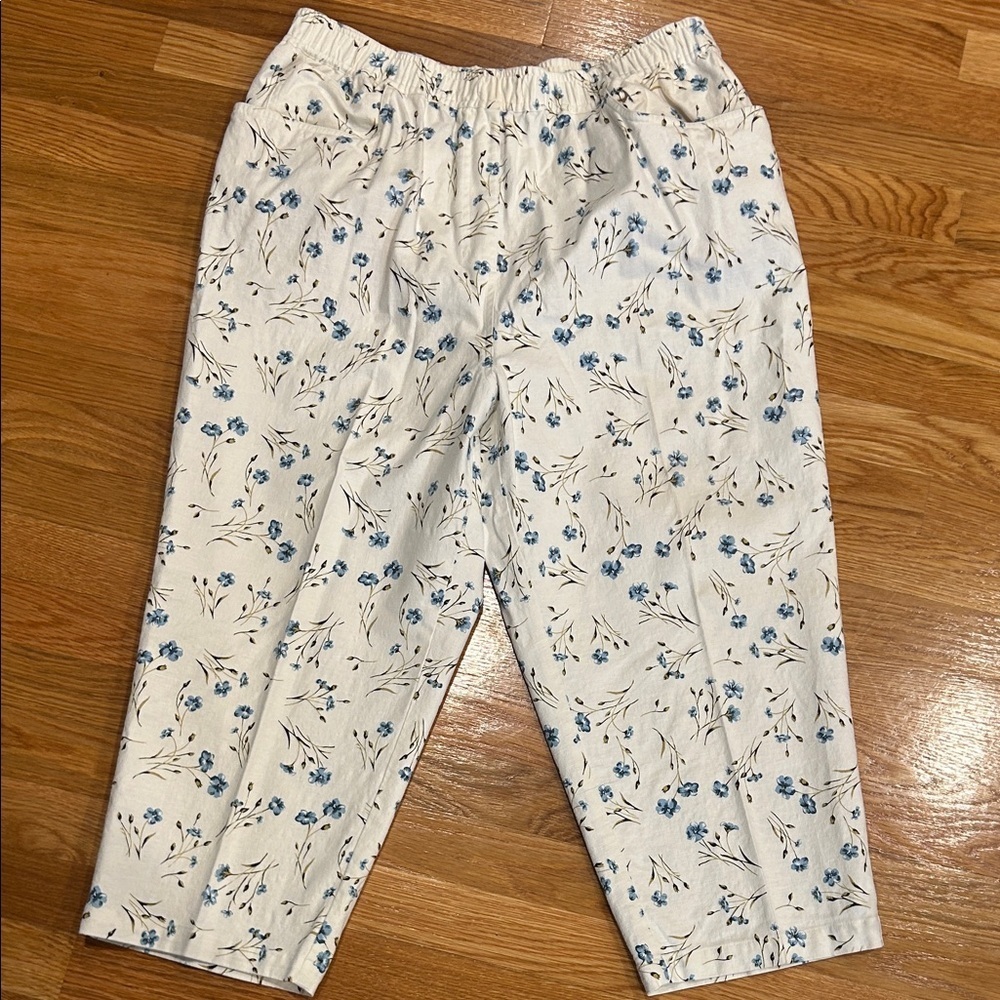 Vintage 90s Denim&Co Linen forget me not White Blue Floral Pants plus size 1X